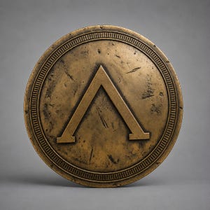 May include: A circular bronze-colored shield featuring a prominent raised Greek letter Lambda in the center. The surface has a weathered, distressed texture with visible scratches and a decorative ridged border around the outer edge.