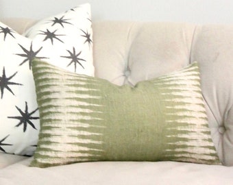 Peter Dunham Pillow Cover - Ikat in Olive - Wide Striped Ikat Linen Green Pillow Cover