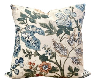 Bennison, Wheat Flower in Green Blue Brown on Oyster backing, Designer Floral Pillow Cover