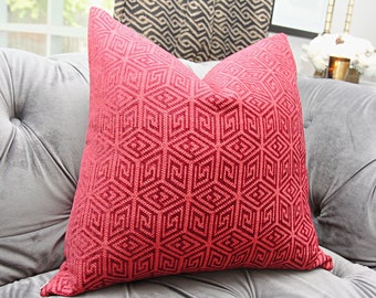 Schumacher Pillow Cover - Raspberry Red and Burgundy Geometric Pillow - Greek Key Pillow Cover - Throw Pillow - Bohemian Decor - Mid Century