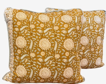 Semi Kalamkar ,Pierre frey Ocre pillow cover, floral motif gold yellow decor