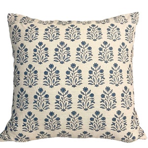 Azure Blue Linen Pillow Cover - Blue Floral Block Print