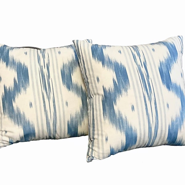 Pierre Frey Toile de Nantes ocean and off white scroll stripe Ikat Ocean pillow cover