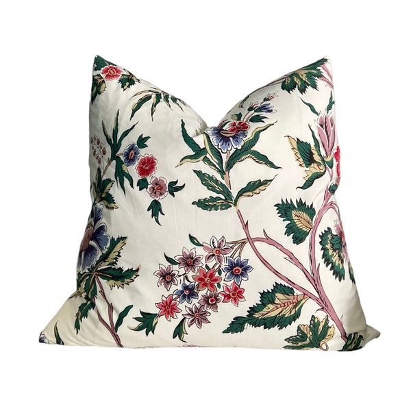 Pierre Frey designer floral pillow cover in purple mauve red blue and green floral pillow cover, L'arbre indien