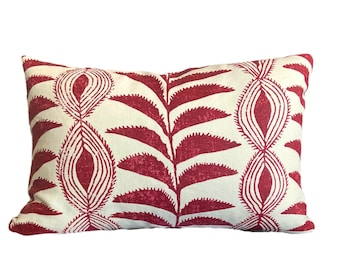 Zanzibar, Raspberry Red Linen INDOOR Penny Morrison Pillow Cover, Off White and Raspberry Red