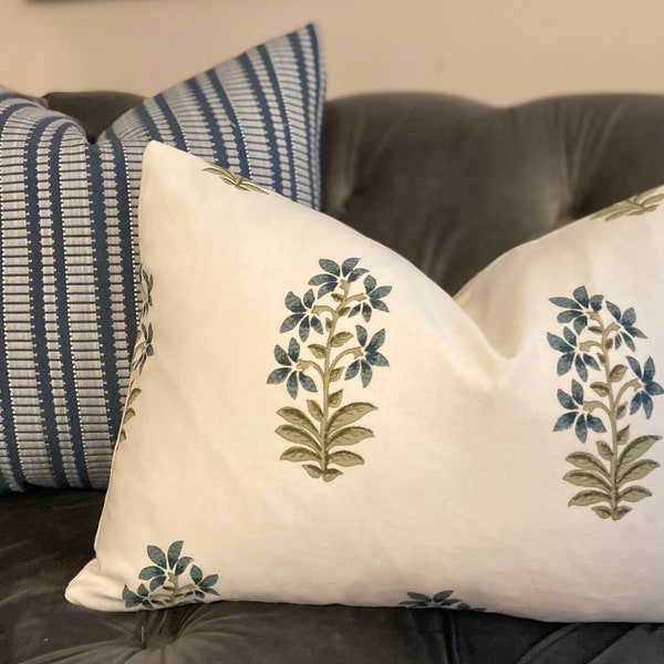 Peter Dunham Udaipur - Indigo Blue and Green Flower Pillow cover , Global home decor