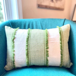 Tulum in Green - Schumacher Fringe Pillow Cover - Green and White Home Decor - Fringe