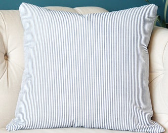 Blue Ticking Stripe Pillow Cover - Blue and White Pillow Cover - Navy Blue Ticking Stripe