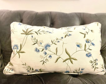 Bennison, Chinese Paper Blue Olive on oyster linen backing, Designer Floral Blue and Green Pillow Cover