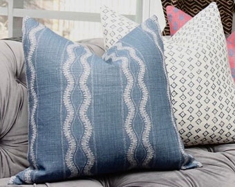 Peter Dunham Zanzibar in Indigo - Blue Geometric Stripe Linen - Designer Blue Pillow Cover - Motif Pillows