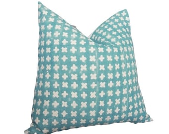 Bastideaux Bogo in Lagoon - Aqua Natural Linen Pillow Cover - Contemporary Modern Hand Printed Pillow Cover