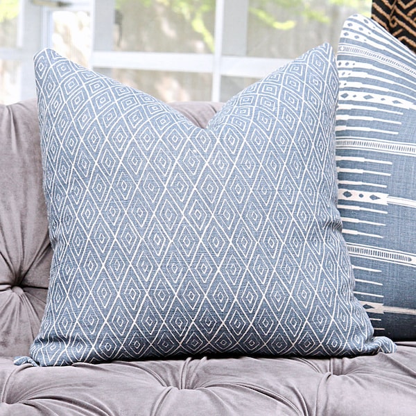 Peter Dunham Atlas in Indigo - Blue Linen - Designer Blue and Off White Pillow Cover - Motif Pillows - Global home decor