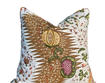 Les Indiennes Multi On Linen Multi Cinnamon On Ecru Designer Pillow Cover, Brown Tan Green Pillow cover