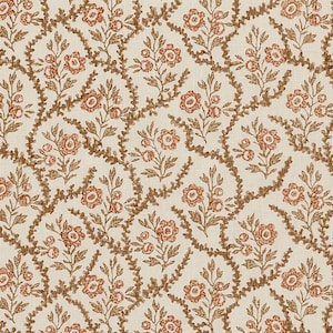May include: A textile fabric featuring an off-white background with a repeating pattern of brown vine-like stems forming ogee shapes. Inside each shape are small, detailed floral sprigs with orange-red blossoms and brown leaves.