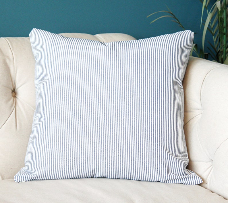 Blue Ticking Stripe Pillow Cover Blue and White Pillow Cover Etsy
