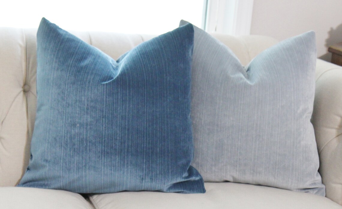Light Blue Pillow Silver Blue Striped Velvet Pillow Cover Etsy