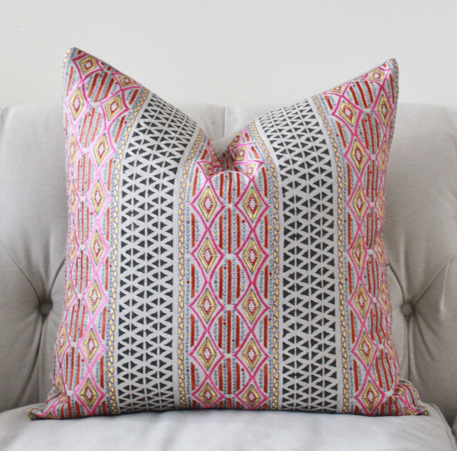 Pink Geometric Pillow Cover With Pink Orange Yellow Etsy