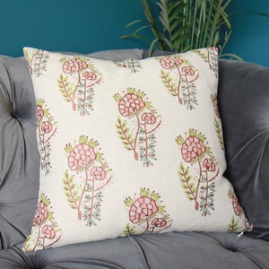 Tulu Textiles Kezban Pillow Cover - Hand blocked floral - Coral Peach Bronze Blue Green Pillow Cover