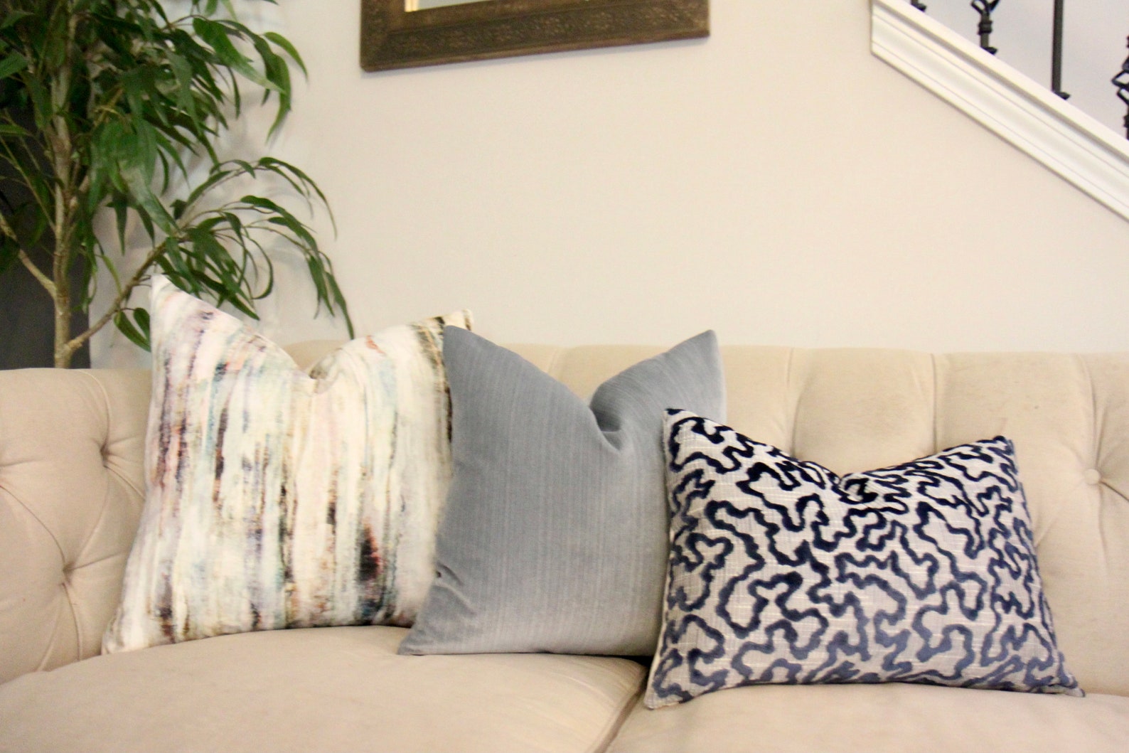 Light Blue Pillow Silver Blue Striped Velvet Pillow Cover Throw Pillow