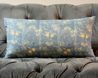 Robert Kime, Takeyabu pillow cover -Tory Burch Muted Blue Floral and bird pillow cover