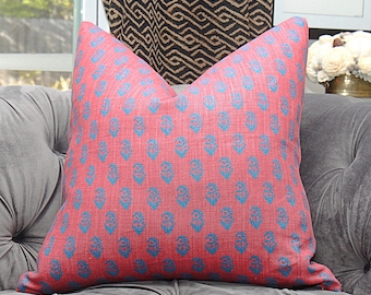 Peter Dunham Rajmata Tonal Pillow Cover - Modern Linen Pink & Blue - Motif Pillows - Global home decor