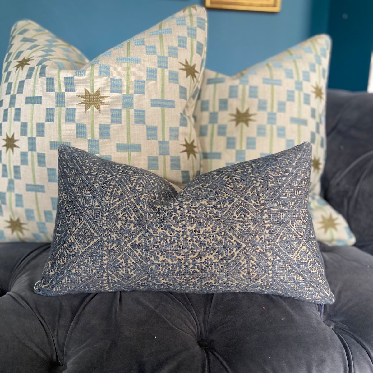 Afua in Olive pillow cover, Mid century woven blue tan olive green ivory starburst Sister Ashby pillow cover