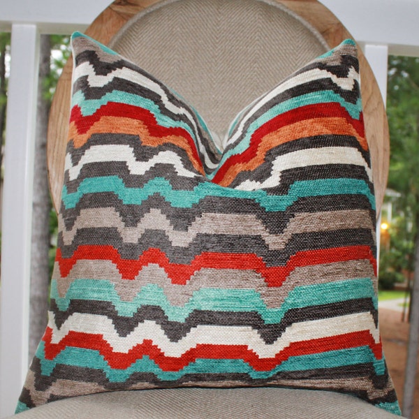 Sale - Decorative Zig Zag Pillow Cover -Geometric Modern Stripe Red Orange Turquoise Grey Pillow - Bright Color Throw Pillow - Chevron