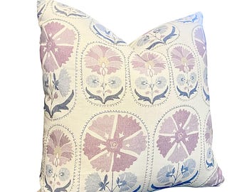 Schumacher Anjuna Floral Linen Print Purple, Blue Green Abstract Floral Pillow Cover