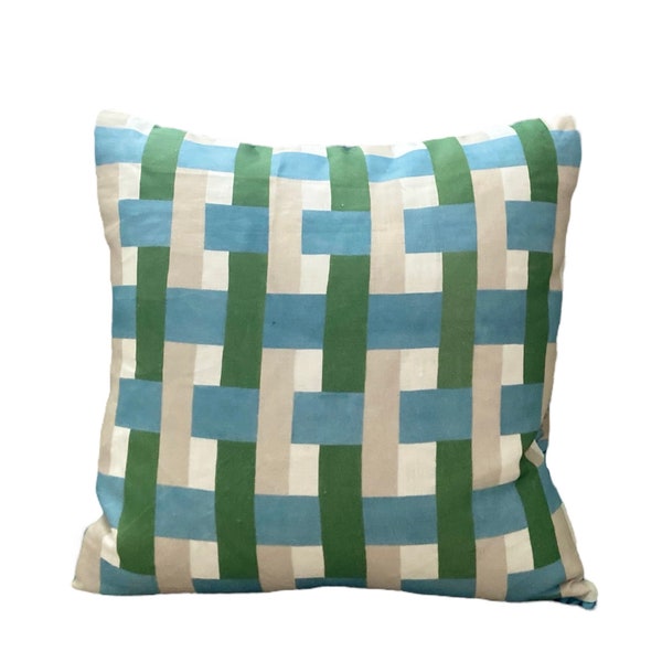 Imogen Heath, Anni Check in Field- Kelly Green, Taupe and Slate Blue modern plaid linen pillow cover