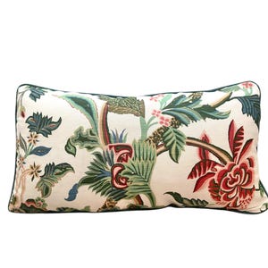 May include: A rectangular pillow with a white background and a floral pattern in shades of green, red, and blue. The pillow has a dark green border.