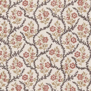 May include: A textile fabric featuring a repeating pattern of small red flowers and golden-brown stems arranged within a lattice of dark gray, textured, vine-like lines set against a solid off-white background, creating a dense floral design.