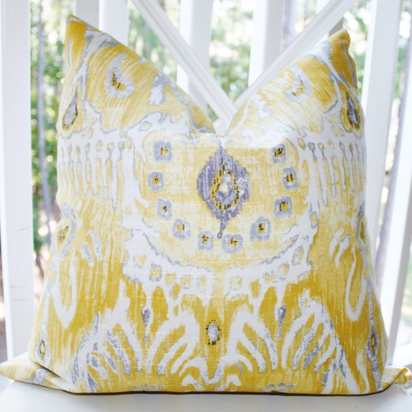 Yellow Ikat Pillow -18 x 18 Yellow Grey IKAT Pillow Cover - Modern Throw Pillow - Designer Decorative Pillow