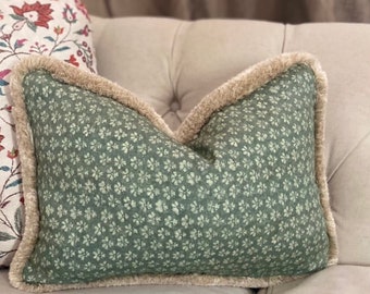 Green and ivory faded rustic floral lumbar pillow cover with beige fringe, Inchyra pillow cover