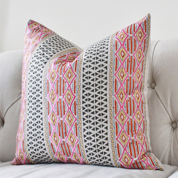 Pink Geometric Pillow Cover with Pink Orange Yellow - Embroidered Moroccan Block Print - High End Designer Pillow Cover