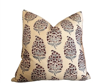 Robert Kime, Indian Pear Red on cream, Burgundy block print paisley pillow cover