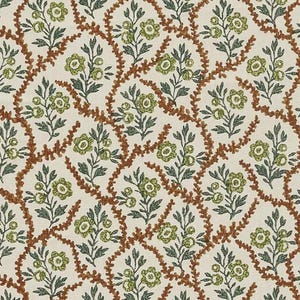 May include: A textile fabric featuring an off-white background with a repeating pattern of green floral sprigs enclosed within scalloped, rust-colored vine borders. The design consists of small, five-petaled flowers and leaves arranged in a vertical, symmetrical layout across the entire surface of the material.