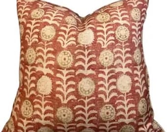 Tansy in Rust Red Fabric, block print pillow cover, Robert Kime