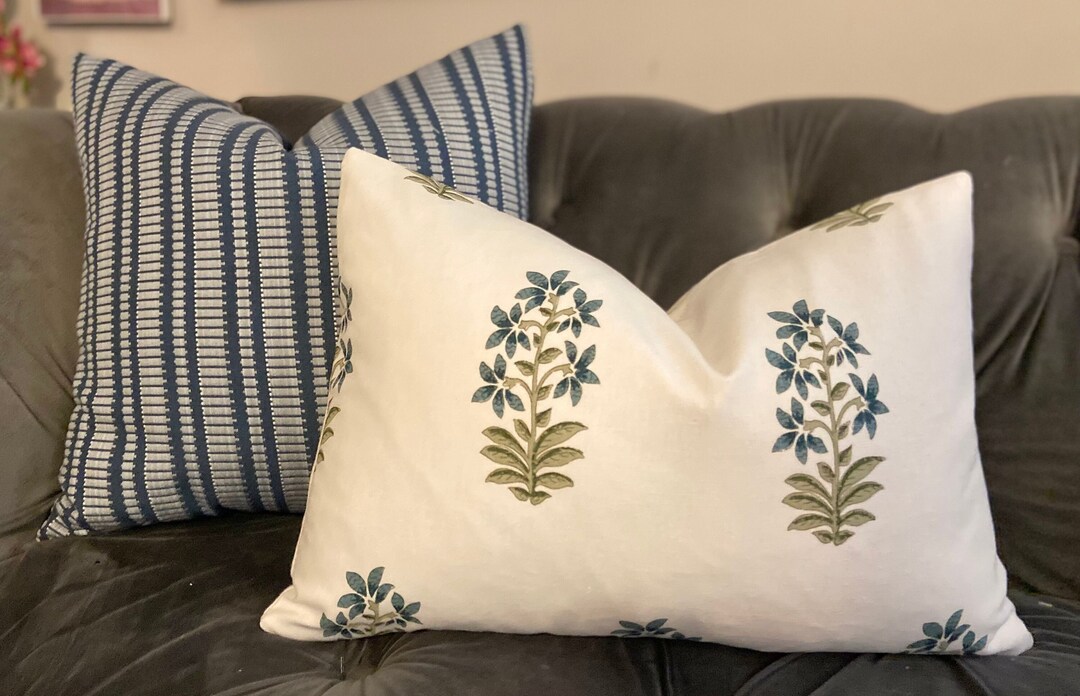 Peter Dunham Udaipur Indigo Blue and Green Flower Pillow Cover , Global