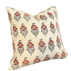 Robert Kime, Field Poppy Linen Red and Aqua hand block floral pillow cover