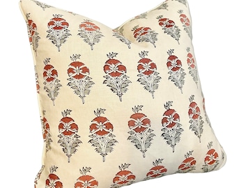 Robert Kime, Field Poppy Linen Red and Aqua hand block floral pillow cover