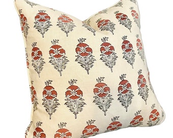 Robert Kime, Field Poppy Linen Ivory Red and Aqua hand block floral pillow cover