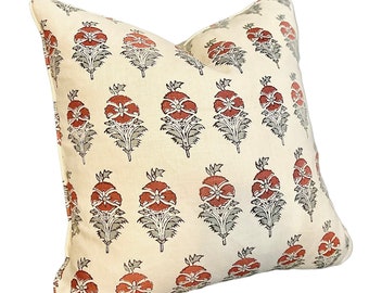 Robert Kime, Field Poppy Linen Red and Aqua hand block floral pillow cover