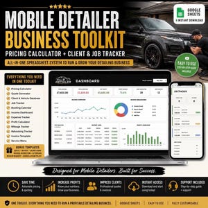 May include: A digital business toolkit for mobile detailers featuring a laptop and smartphone displaying a dashboard with financial charts, job trackers, and income overviews. The system includes a pricing calculator, client database, and invoice templates.