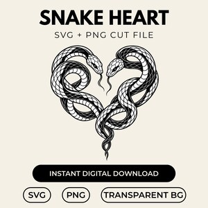 Könnte beinhalten: Eine schwarz-weiße digitale Grafikdatei mit dem Titel SNAKE HEART SVG + PNG CUT FILE. Das Design zeigt zwei Schlangen, die ineinander verschlungen eine Herzform bilden. Darunter steht der Text INSTANT DIGITAL DOWNLOAD, SVG, PNG und TRANSPARENT BG.