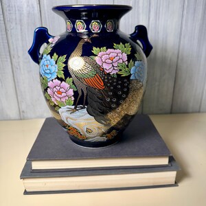 Vintage porslin japansk koboltblå urnvas med dubbelt handtag i keramik – förgylld guldkant