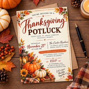 Op de afbeelding: Een rechthoekige uitnodigingskaart voor een Thanksgiving-potluck met herfstbladeren, pompoenen, een lantaarn en zonnebloemen. De tekst luidt: You're invited to a Thanksgiving Potluck, Good Food, Great Company, Grateful Hearts, Thursday November 21st.