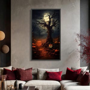 Haunted Pumpkin Patch, Spooky Tree Canvas Wall Art, Halloween Night Scene, Moonlit Graveyard Decoration, Gothic Autumn Canvas