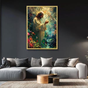 Spirituelles Licht Jesu – Wandbild auf Leinwand, inspirierendes religiöses Gemälde, idyllischer Gartenweg, christliche Wohndekoration, Glaube und Natur