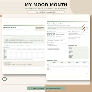 May include: A two-page printable mood tracker titled My Mood Month. The document includes a daily tracker grid, a mood key, a quick check-in section, a monthly snapshot, a routine check, a weekly mini-review, and a support card section.