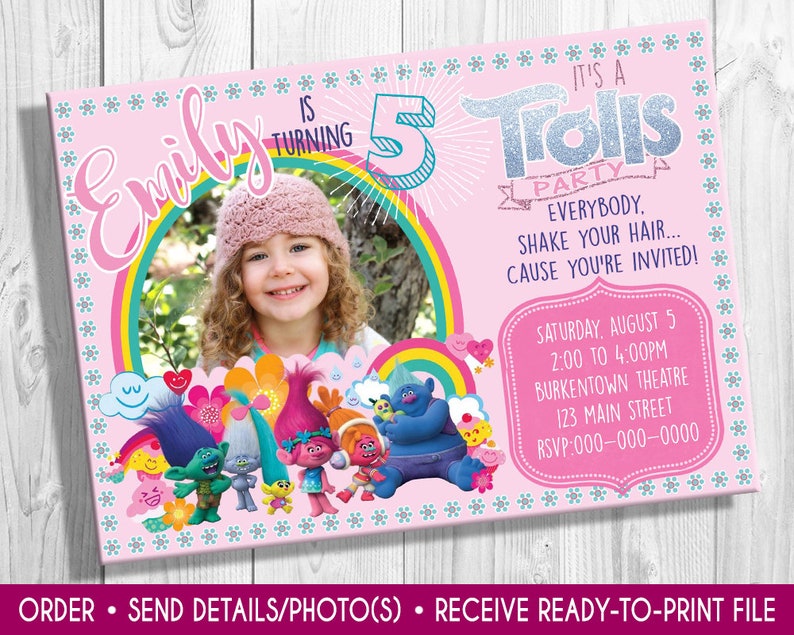 Girl/'s birthday Trolls movie Poppy and Branch Trolls Birthday invite with photo Trolls photo invite Trolls party girl/'s birthday